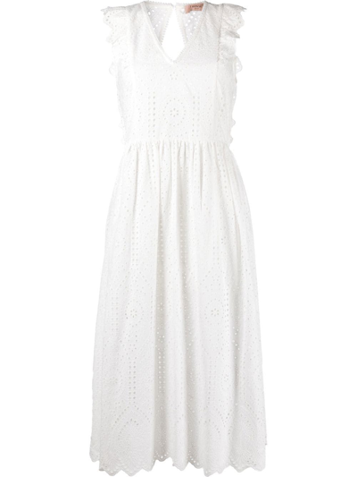 Twinset V-neck Cotton Midi Dress In White