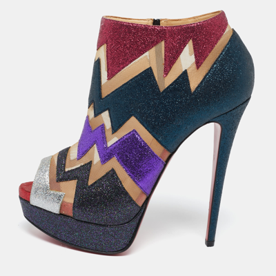 Pre-owned Christian Louboutin Multicolor Glitter And Mesh Ziggy Peep-toe Ankle Booties Size 38