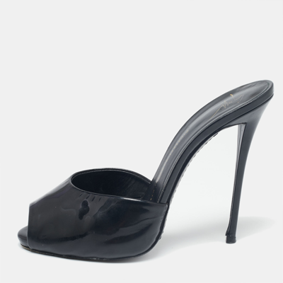 Pre-owned Giuseppe Zanotti Black Patent Leather Peep Toe Mules Size 37.5