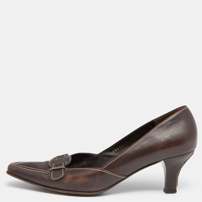 Pre-owned Ferragamo Vintage Brown Leather Pointed Toe Pumps Size 40.5