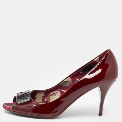 Pre-owned Burberry Burgundy Patent Leather Peep Toe Pumps Size 38
