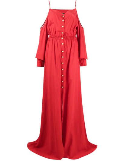 Balmain Cold-shoulder Cotton-seersucker Maxi Dress In 3bx Rouge