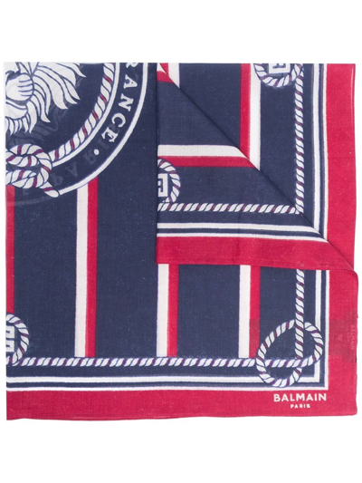 Balmain Stripe-print Cotton Scarf In Sft Bleu Marine Rouge Blanc