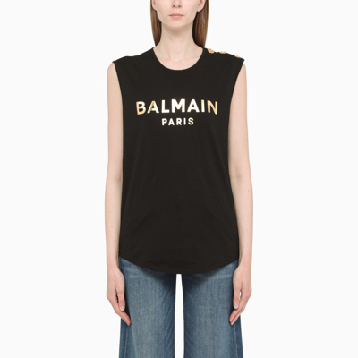 Balmain Black Tank Top With Lettering Logo In Noir/or