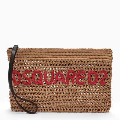 Dsquared2 Embroidered Logo Rafia Clutch In Beige