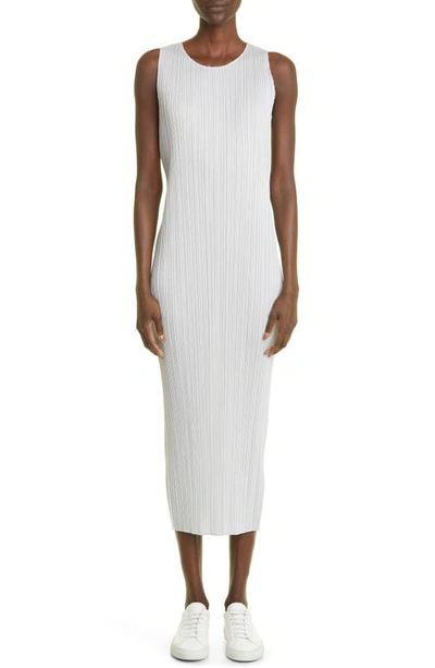 Issey Miyake Basics Pleated Midi Dress In Light Grey