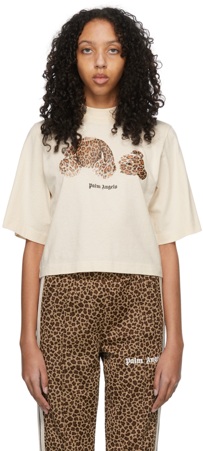 Palm Angels Ivory Cotton Leopard Bear T-shirt In Bianco