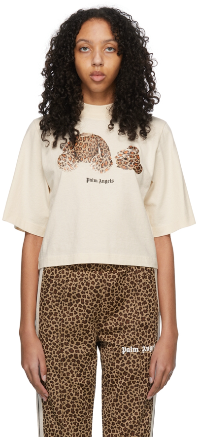 Palm Angels Leopard Printed Bear Cropped Tee In Bianco
