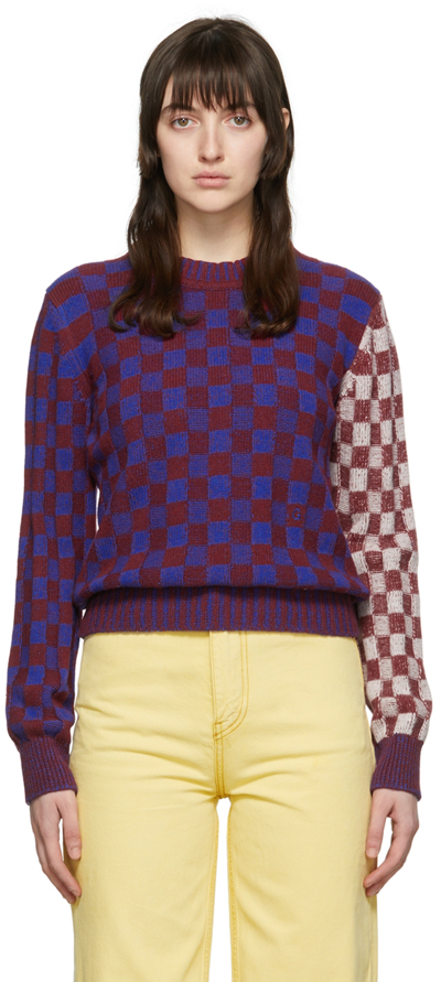 Ganni Checkerboard Wool-blend Sweater In Indigo