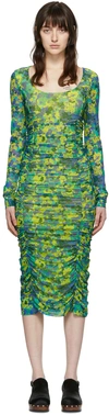 Ganni Ruched Printed Stretch-mesh Midi Dress In 794 Sulphur Spring