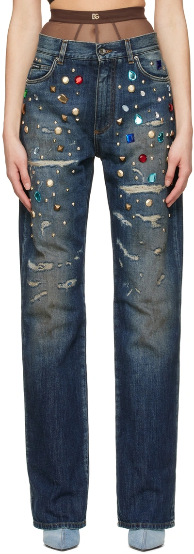 Dolce & Gabbana Crystal-embellished High-rise Wide-leg Jeans In Blue