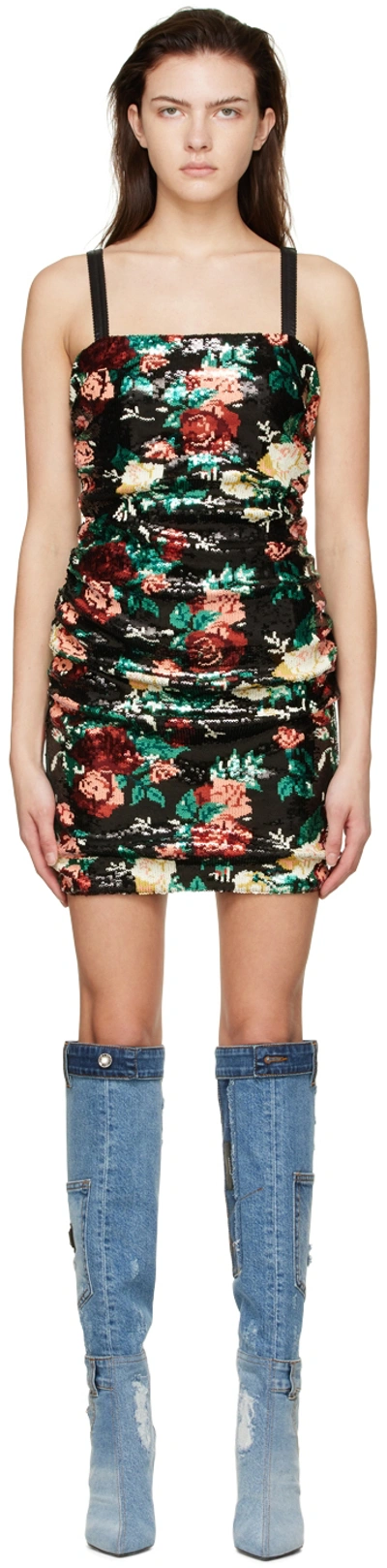 Dolce & Gabbana Sequinned Floral Motif Mini Dress In Black,green,red,white