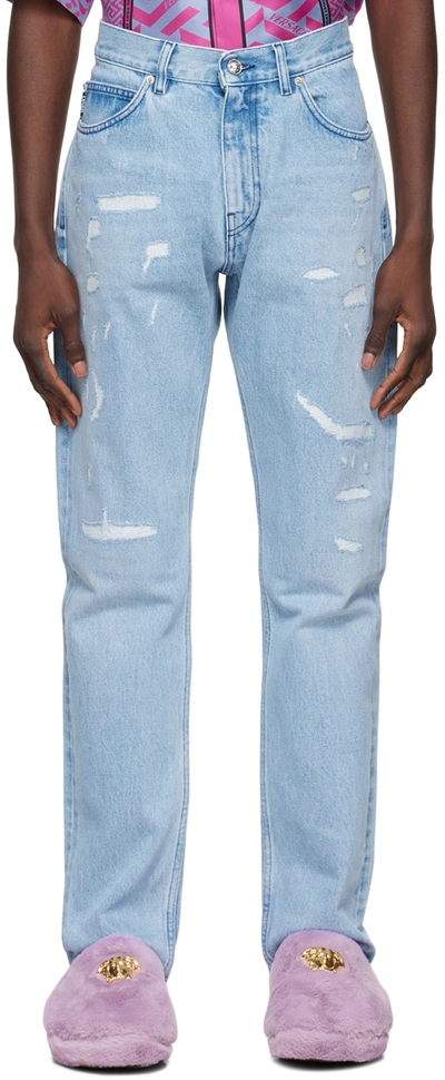Versace Blue Distressed Jeans In 1d380 Azzurro
