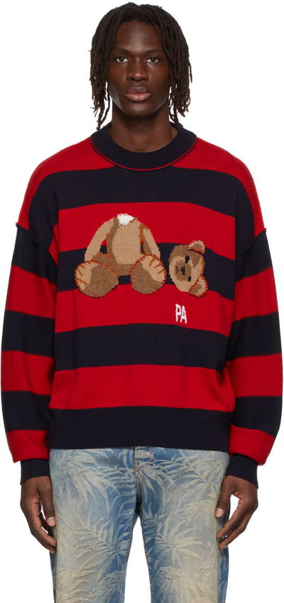 Palm Angels Bear Pullover With Navy/red Stripes In Blue