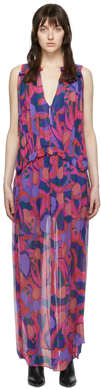 Isabel Marant Ruffled Gathered Printed Silk-crepon Maxi Dress In Pink & Purple
