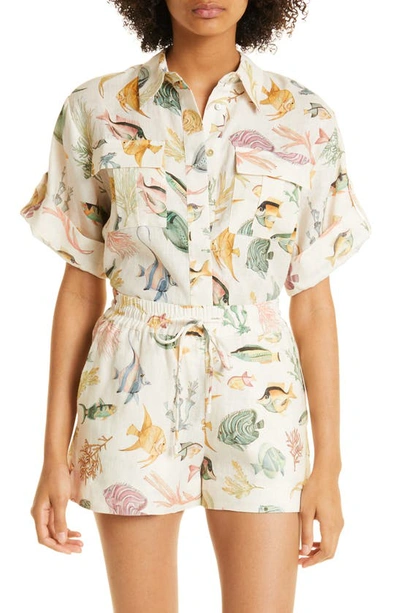 Alemais Wanda Sea Life Organic Linen Button-up Shirt In Ivory