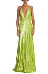 Halston Kiara Sequin Plunge Neck Gown In Neon Green