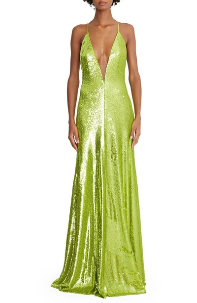 Halston Kiara Sequin Plunge Neck Gown In Neon Green