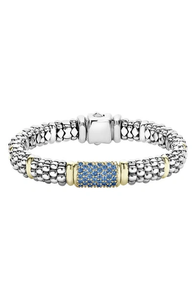 Lagos 18k Yellow Gold & Sterling Silver Signature Caviar Blue Sapphire Pave Link Bracelet In Blue/silver