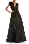 Mac Duggal Ruffle Detail Ruched Chiffon Ballgown In Black