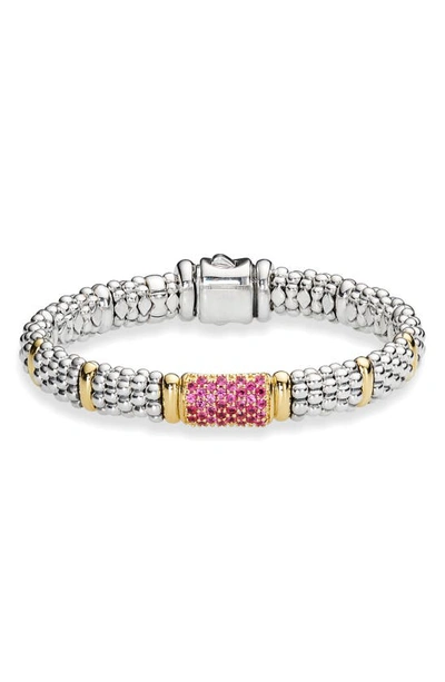 Lagos 18k Yellow Gold & Sterling Silver Signature Caviar Pink Sapphire Pave Link Bracelet In Pink/silver