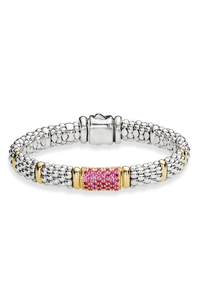 Lagos 18k Yellow Gold & Sterling Silver Signature Caviar Pink Sapphire Pave Link Bracelet In Silver/gold