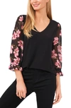 Cece V-neck Mix Media Floral Sleeve Top In Rich Black