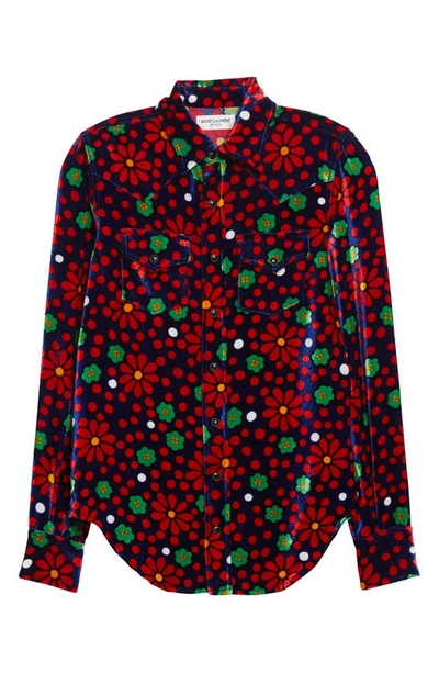 Saint Laurent Floral Polka-dot Print Velvet Western Shirt In Multicolore