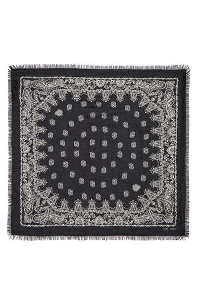 Saint Laurent Paisley Print Fringed Bandana In Black Ivory