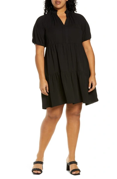 Cece Tiered Ruffle Neck Dress In Rich Black