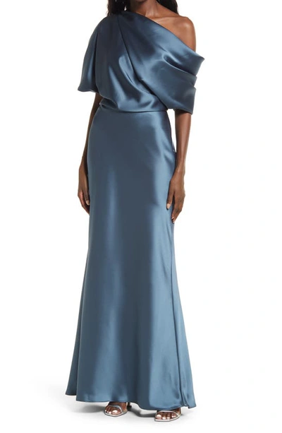 Amsale One-shoulder Fluid Satin Gown In Petrol