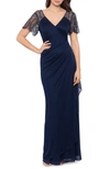 Xscape Beaded Sleeve Ruched Column Gown In Navy