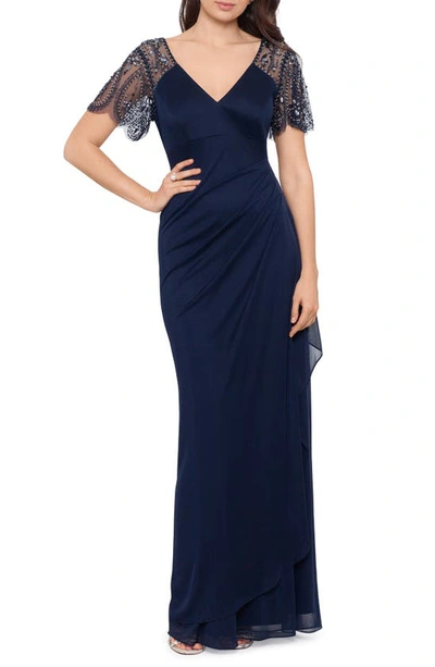 Xscape Beaded Sleeve Ruched Column Gown In Navy