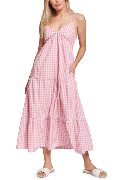Lost + Wander Let's Go On A Date Cotton Blend Gingham Maxi Sundress In Pink Gingham