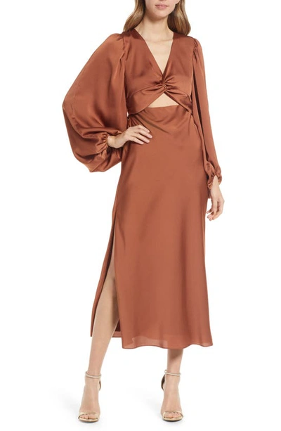 Shona Joy Twist Front Long Sleeve Cocktail Dress In Mocha