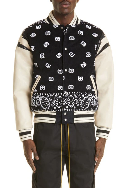 Rhude Embroidered Bandana Corduroy & Leather Bomber Jacket In Black White