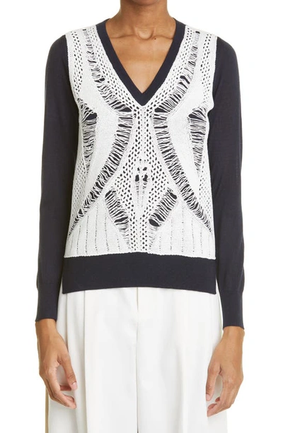 Partow Myla Layered Open-knit Cotton And Merino Wool And Silk-blend Sweater In Navy/ivory Combo