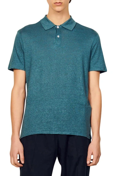 Sandro Beach Linen Polo Style Tee In Blue Grey