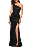 La Femme Sequin One-shoulder Gown In Black