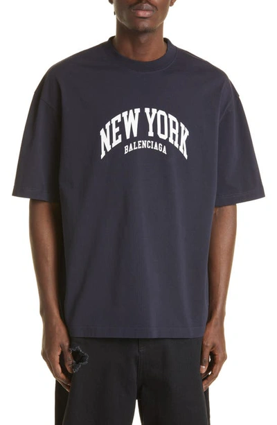 Balenciaga Cities New York Cotton Jersey T-shirt In Marine Blue White