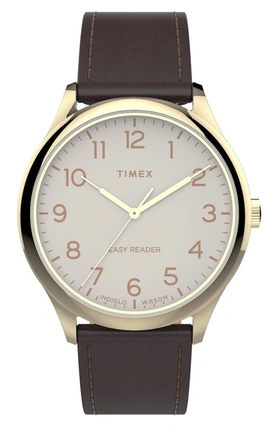 Timex Easy Reader Gen 1 Leather Strap Watch In Brown Gold Tone Cream