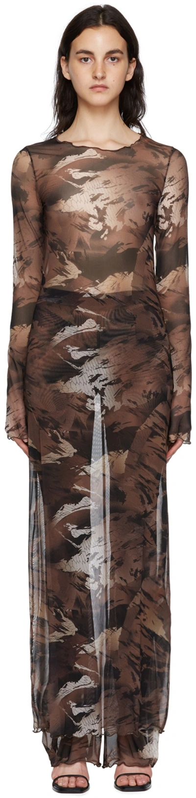 Heron Preston Brown Nylon Maxi Dress In 400 Camouflage Brown