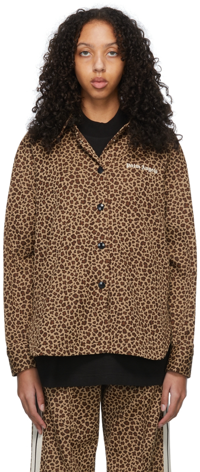 Palm Angels Leopard Jord Track Shirt In Brown/black
