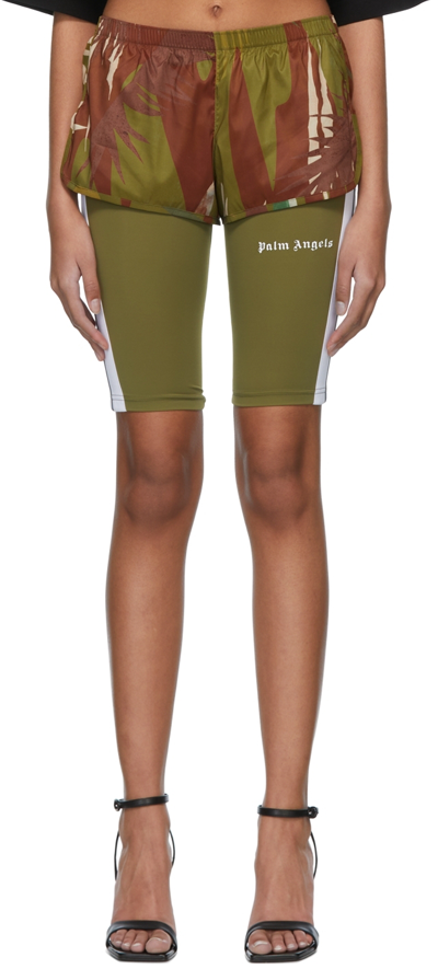 Palm Angels Green Polyester Sports Shorts In Military Green