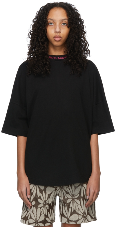 Palm Angels Black Cotton T-shirt In Black Fuchsia