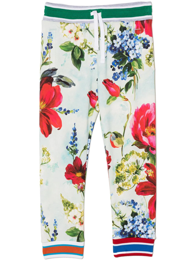 Dolce & Gabbana Kids' Garden Print Cotton Track Pants In Blue