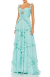 Mac Duggal Blue Ruffle Tiered Sleeveless Flowy A Line Gown In Mint