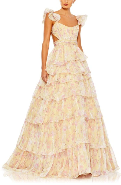 Mac Duggal Print Ruffle Tiered Cut Out Back Tie Ball Gown In Buttercream