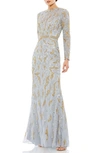 Mac Duggal Beaded Long Sleeve Evening Gown In Platinum Gold