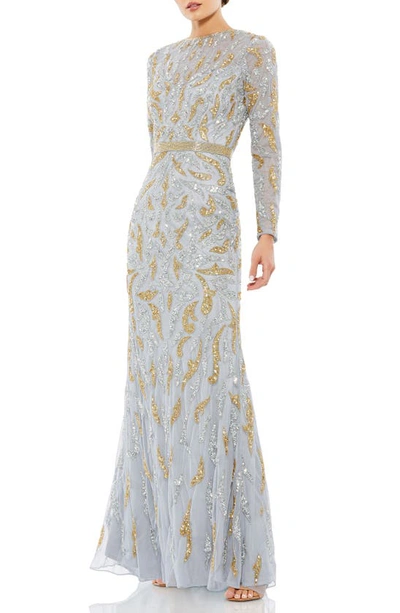 Mac Duggal Beaded Long Sleeve Evening Gown In Platinum Gold